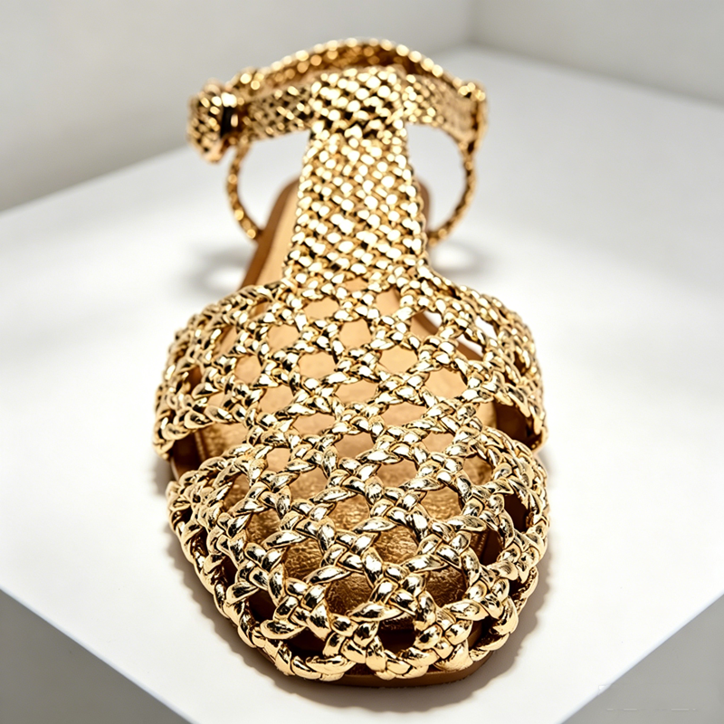 Golden Mesh Woven Flat Sandals - Mesh Strap Metal incelemesi ve fiyatı