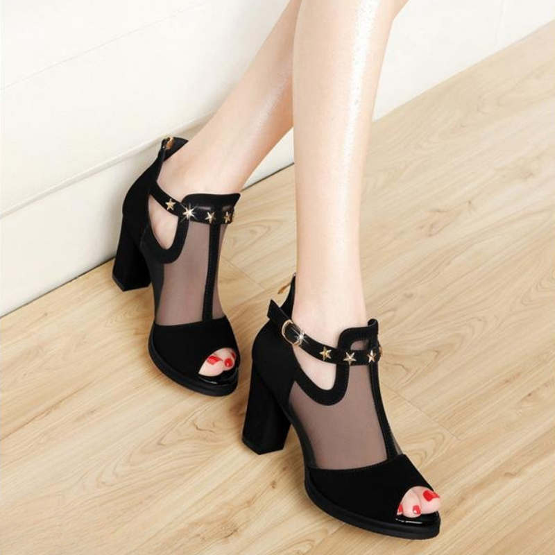 Mesh Peep Toe Block High Heels - Mesh Strap Metal incelemesi ve fiyatı