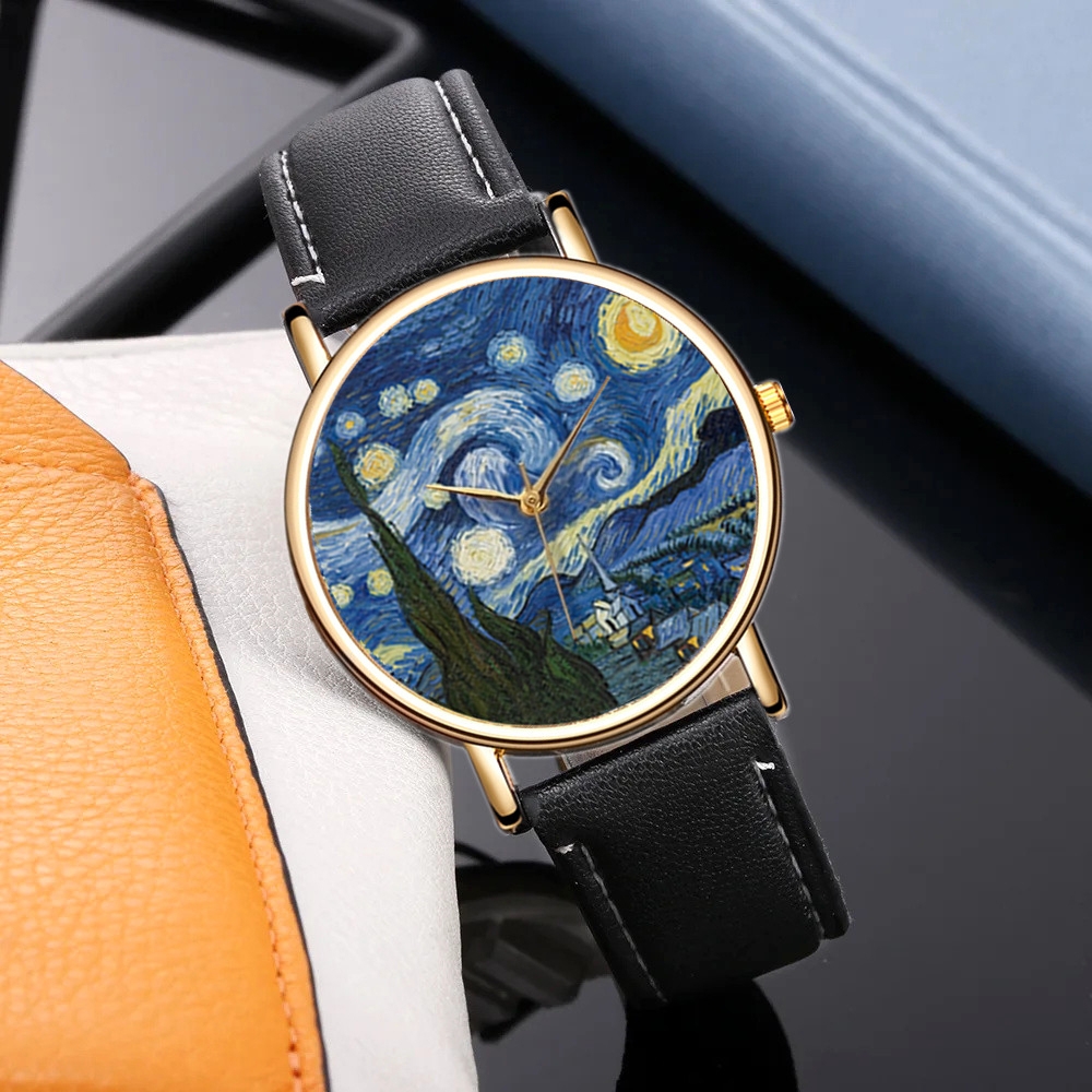Van Gogh Painting Dial Watches - Leather Watch Band Men incelemesi ve fiyatı